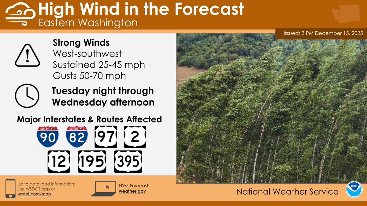 US National Weather Service Spokane Washington is forecasting a significant wind event in <a href="/AvistaUtilities/">Avista Utilities</a>  service area beginning tonight, Monday, December 15.  Peak wind gusts are expected on Tuesday and Wednesday, with speeds potentially reaching up to 70 mph.