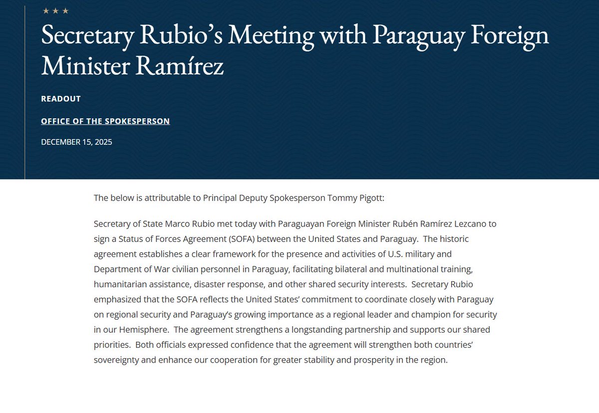 SA_Defensa's tweet image. 📍#Paraguay / #UnitedStates (🇵🇾/🇺🇸)

U.S. Secretary of State @SecRubio met today with Paraguayan Foreign Minister, Rubén Ramírez Lezcano to sign a Status of Forces Agreement (SOFA) between the U.S. &amp;amp; Paraguay.

The SOFA specifically targets joint-training &amp;amp; disaster assistance.