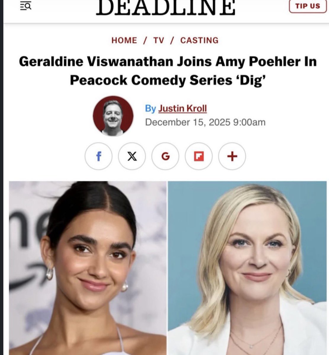 geraldinesource's tweet photo. Geraldine Viswanathan is set to star alongside side Amy Poehler in comedy series “Dig” https://t.co/UUyL43bIQA