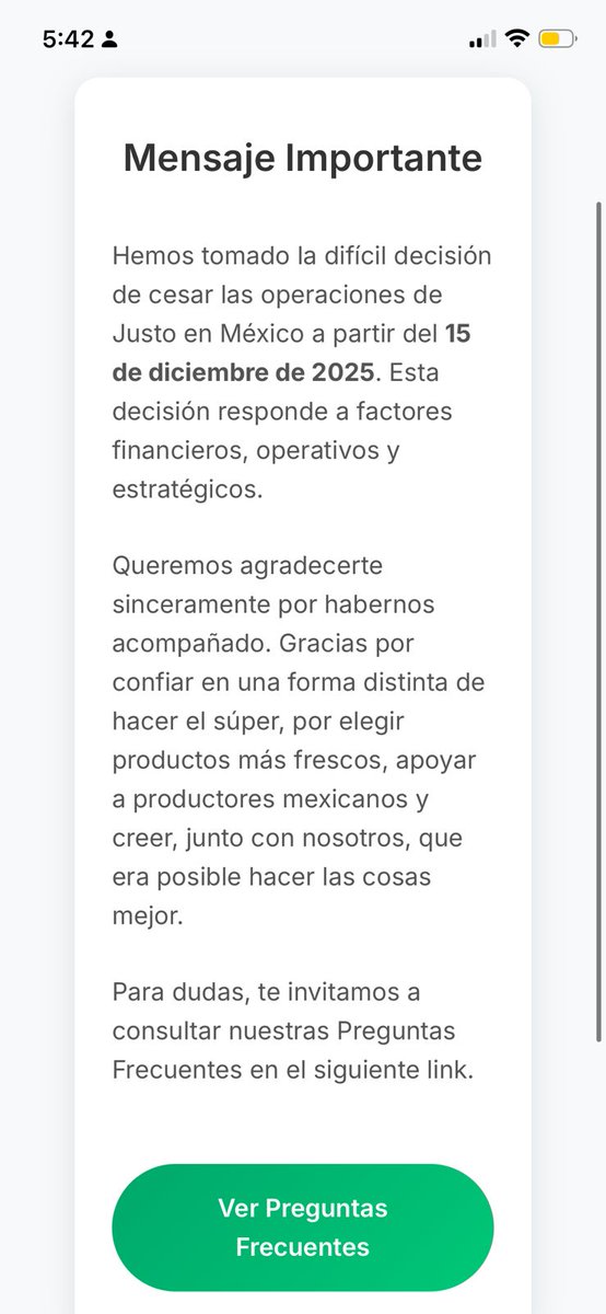 Yo que siempre compro mi super en <a href="/Justo_br/">Supermercado Justo</a> acabo de recibir el mensaje que detienen sus operaciones el día de hoy. Lamentable porque sí era un super mexicano.