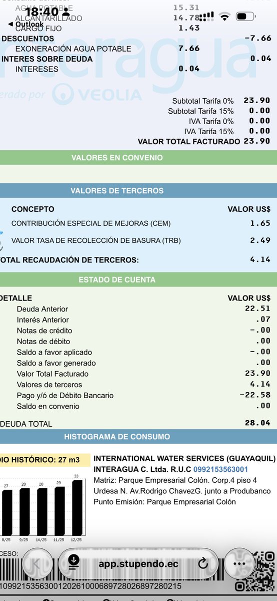 nidia58's tweet photo. @interagua y se puede saber cuáles son las mejoras???  Porque ha que pagar valores a terceros $4,14 de $22 que pagaba ahora $28 me parece un robo descarado.. https://t.co/3C92TU5E07