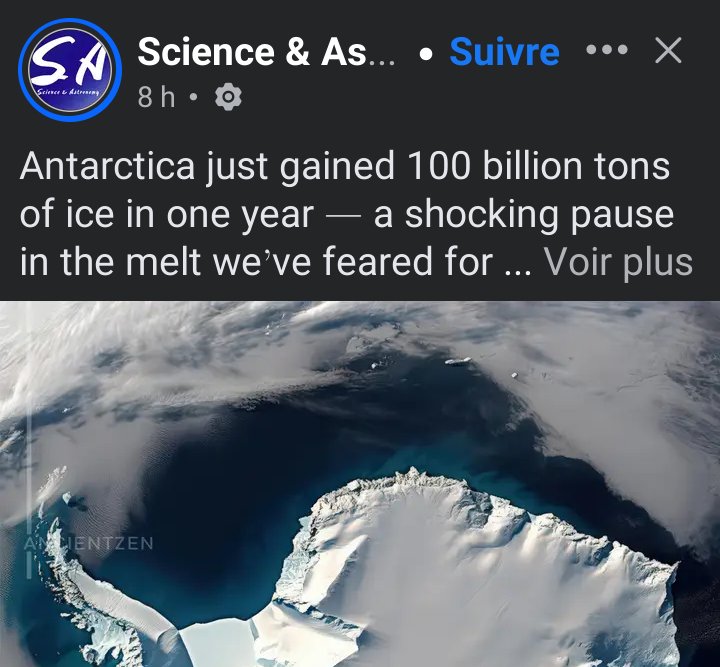 For those who fear water... 
Pour ceux qui ont peur de l'eau... "Cette année seulement, l'Antarctique a gagné 100 MILLIARDS de TONNES de glace." (Science and Astronomy)
#climate #climatescam #Antarctica