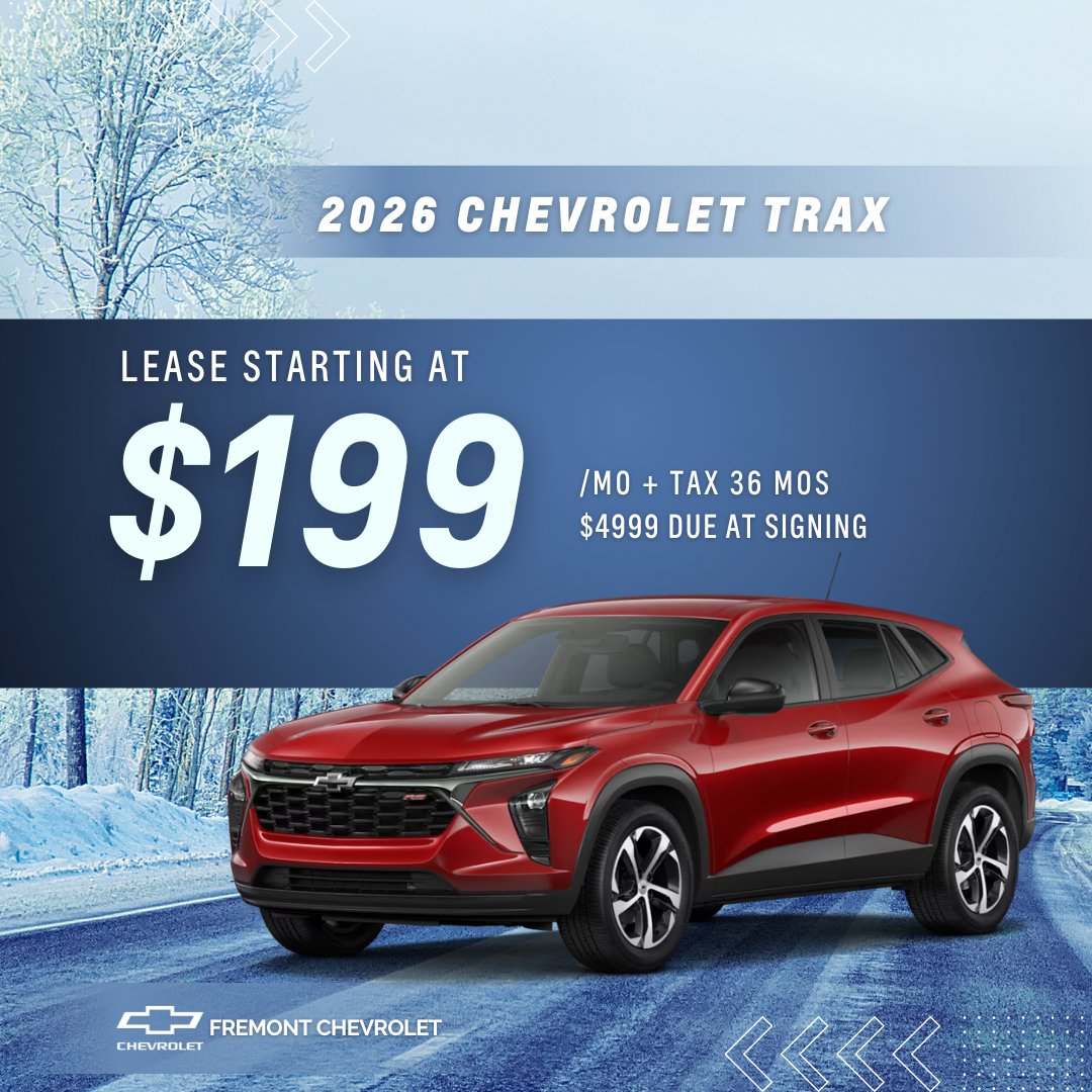 FremontCAChevy's tweet image. 🎄 Sleek &amp;amp; Smart: Chevrolet Trax
Lease the 2026 Chevrolet Trax for $199/mo for 36 mos. 🎁 A perfect fit for city streets and holiday plans. #ChevyTrax #HolidayDrive #CompactStyle

Shop For Yours at 👉 p1.tt/3XKPlwx