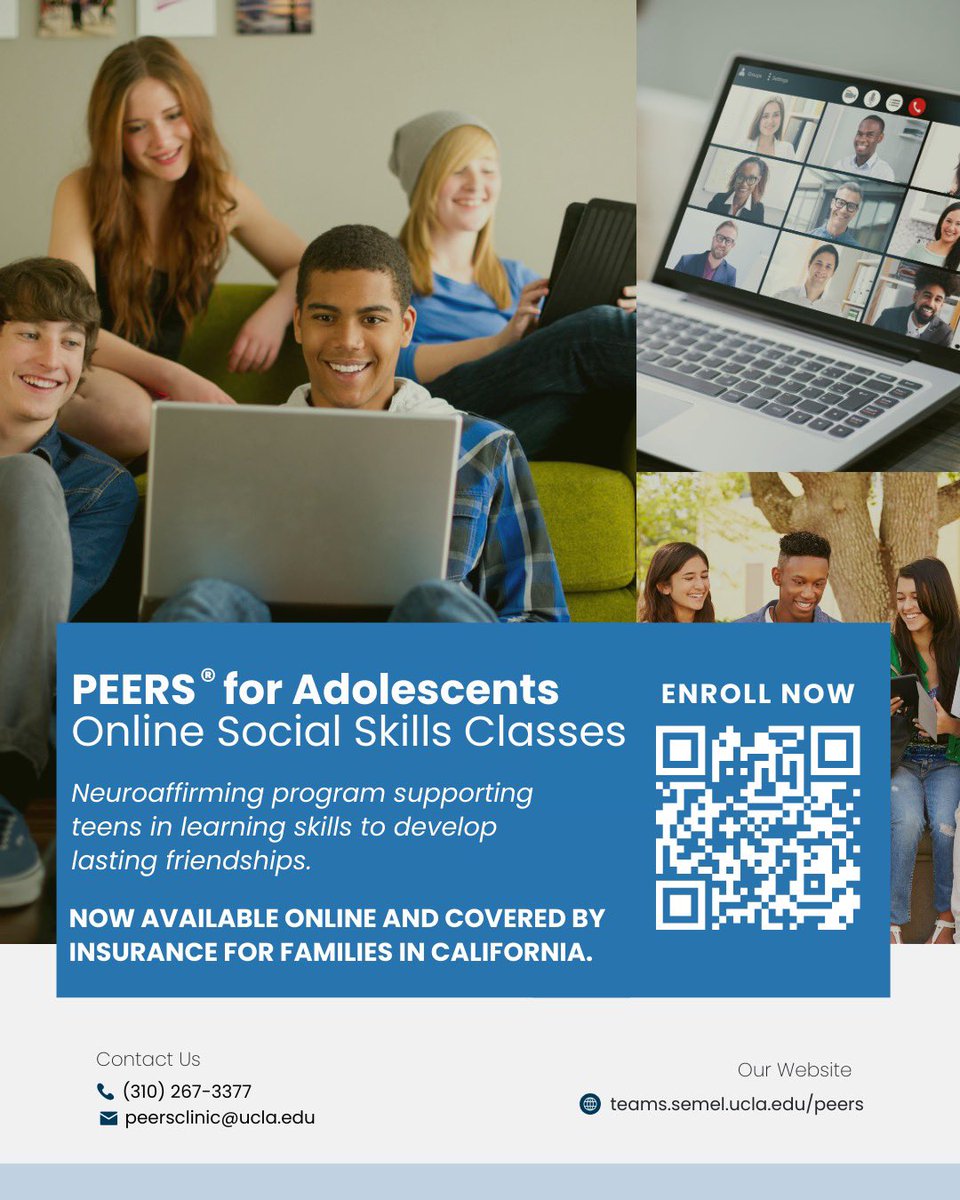 We are excited to share that after the new year, our PEERS® for Adolescents clinical groups will be offered online for California families using insurance.

For more information or to begin the enrollment process, please contact the UCLA PEERS® Clinic. We hope you can join us!