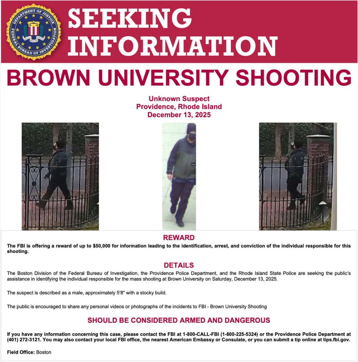 JessicaforRI's tweet image. Authorities released new pictures and a video. If you saw anything suspicious late Saturday afternoon or recognize these images in any way, please contact the authorities. No tip is too small.

Call (401) 272-3121 or 
(800) CALL-FBI
800-225-5324