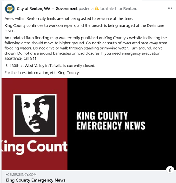 CityofRenton's tweet photo. Areas within Renton city limits are not being asked to evacuate at this time.

King County continues to work on repairs, and the breach is being managed at the Desimone Levee.

See photo and link for details.

https://t.co/V212p79gjh https://t.co/KKVb4CaNDy