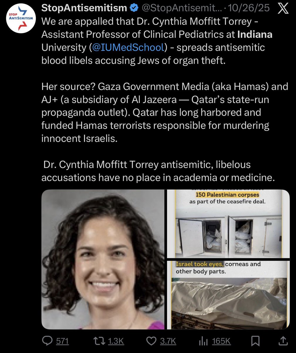 Villgecrazylady's tweet image. Everyone needs to understand that she’s not being hyperbolic. 

These people will do their best to DESTROY your life if you criticize Israel. Don’t believe me? 

One of the people recently featured on their list of antisemites is Dr. Cynthia Moffitt. 

Dr. Moffitt’s crime?…