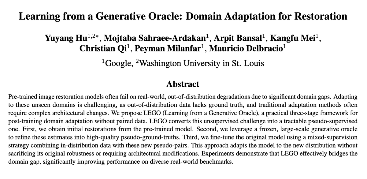 docmilanfar's tweet photo. LEGO: our post-training framework adapts diffusion models to unseen domains without paired ground truth. Using large-scale image generation models as reference we synthesize "oracle" training pairs

LEGO creates sharp high quality results on real images where others fail

1/5 https://t.co/gO1sKMWxOm