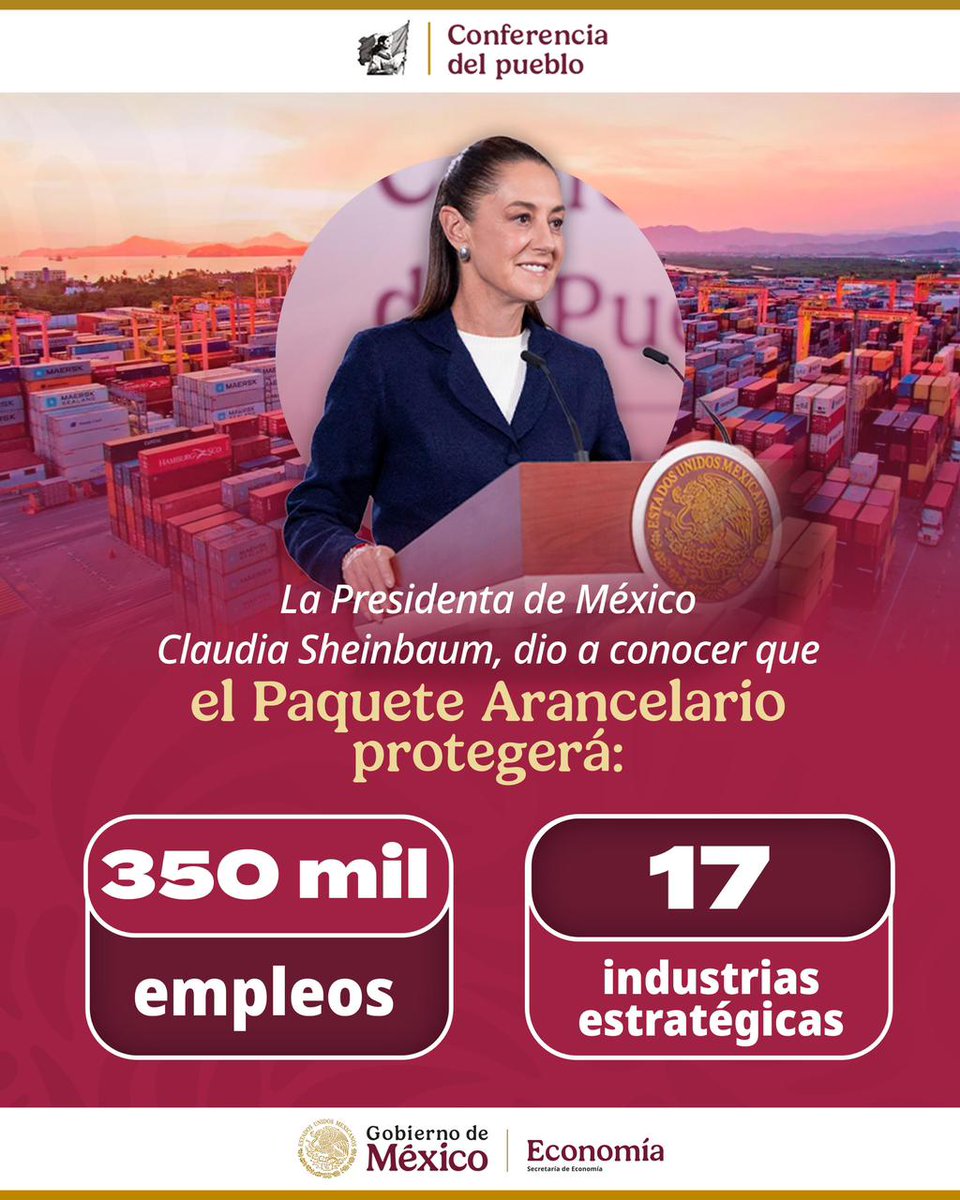 Se presentó el Paquete Arancelario, una estrategia que busca proteger 350 mil empleos y fortalecer 17 sectores clave. 
La presidenta Claudia Sheinbaum señaló que el Plan México impulsa mayor contenido nacional, más inversión y producción hecha en el país.