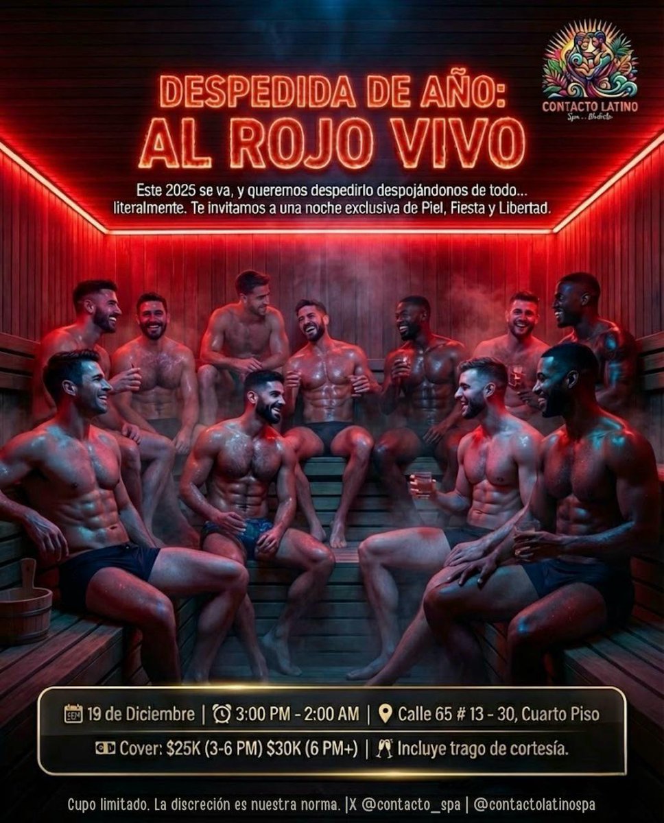 Contacto_Spa's tweet photo. "Menos estrés, más piel. Así se cierra el año. ❤️‍🔥🧖‍♂️"

#fiestanudista #menonly #parchegay #bogotagay #sexyfindeaño #freemen #bogotagay https://t.co/qvglIw0gGC