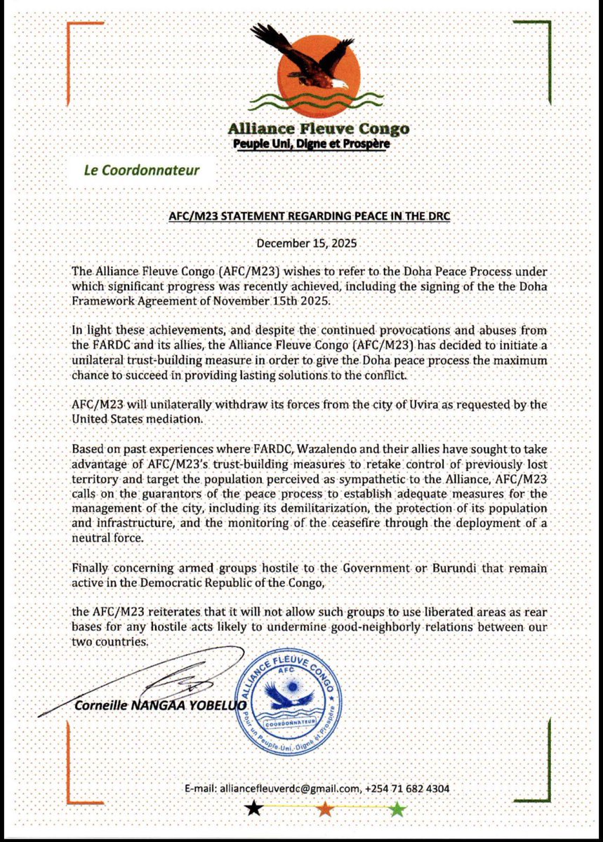 BREAKING: Alliance Fleuve Congo (AFC/M23) announces it will unilaterally withdraw its forces from Uvira as a trust-building step under the Doha peace process, and calls for demilitarisation, civilian protection and deployment of a neutral force to monitor the ceasefire.