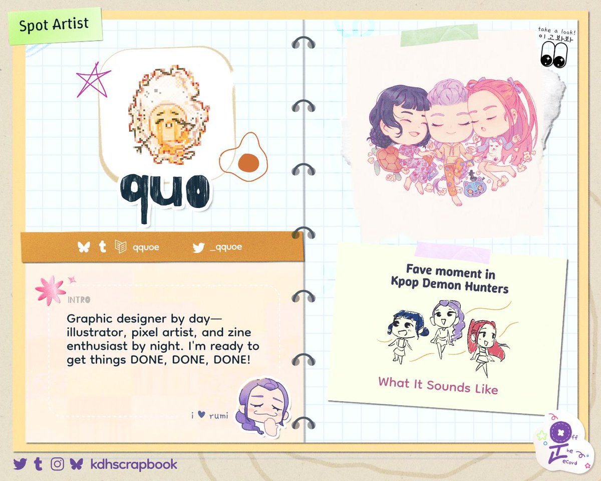Spot Artist <a href="/_qquoe/">🍳 qquoe</a>'s preferred medium might be pixel art, but the heart and soul of their work comes out in HD! We love their cozy Huntrix doodles so much. 

#KPOPDEMONHUNTERS #KPDH #HUNTRIX #kpdhzine