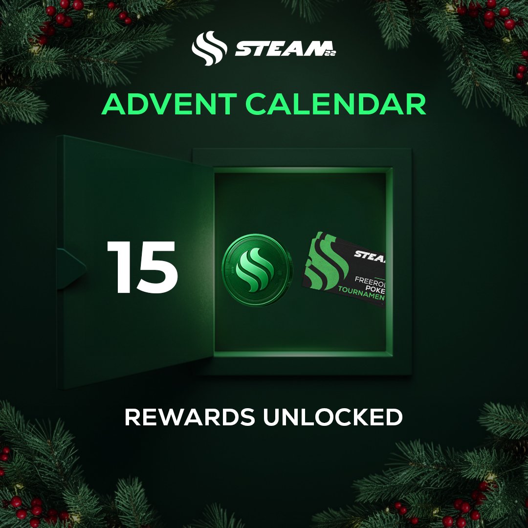 Steam22's tweet image. Day 15 of our advent calendar giveaway!

→ Today's Prizes: 5x Poker Spots, 3x $10 STM, 1.25x Multi
→ Winners: 9

To enter:

✅ Like + Follow @Steam22 + Join Discord
🔁 Repost
💬 Comment: Are you feeling lucky for poker?

Drawing in 24 hrs