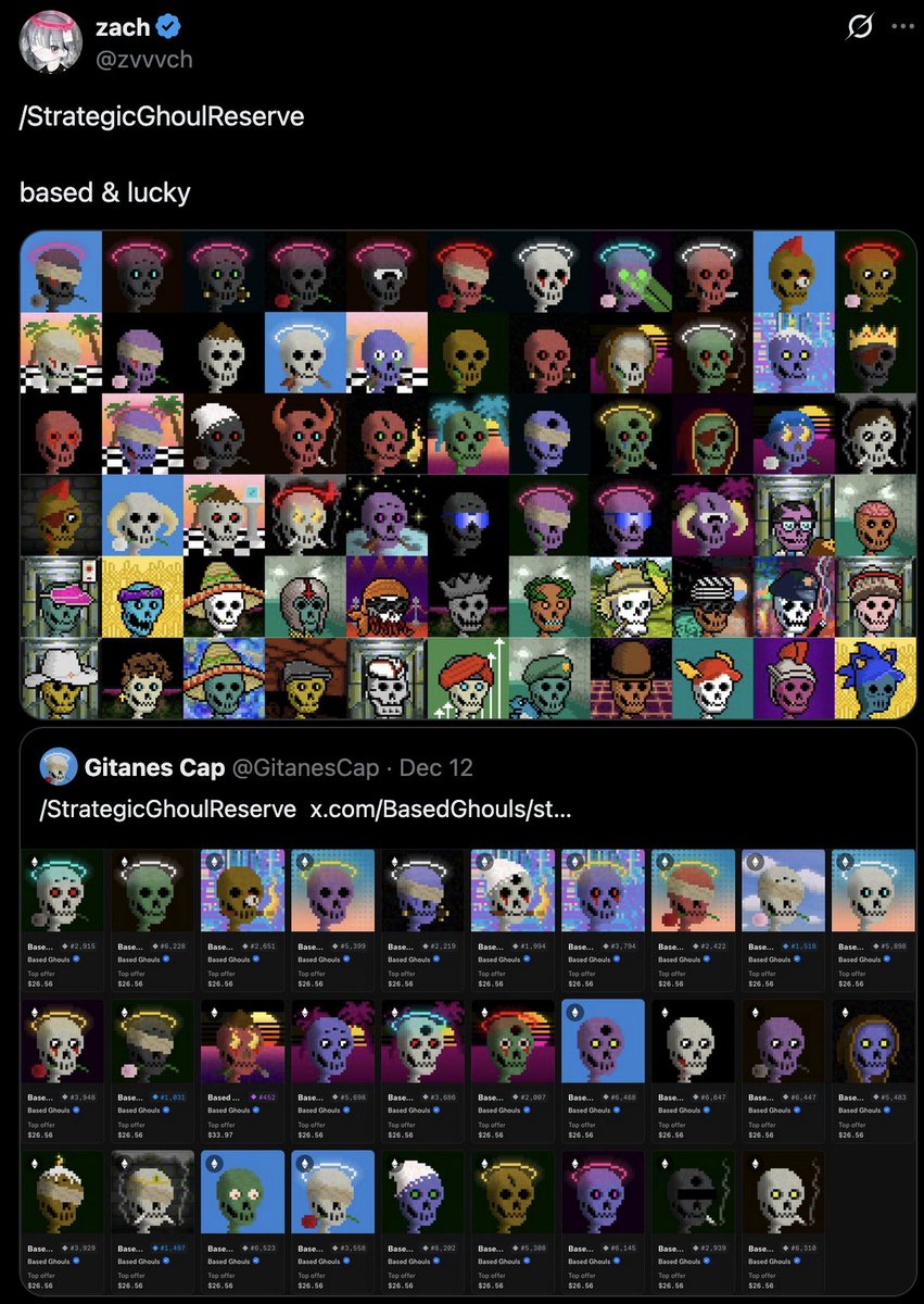 /StrategicGhoulReserve
- Based Ghouls
- Lucky Ghouls
- Vector Ghouls
- Ghoul Casters
- DegenGhouls
- Ghoulish
- HYPER GHOULS
- GhoulMaps