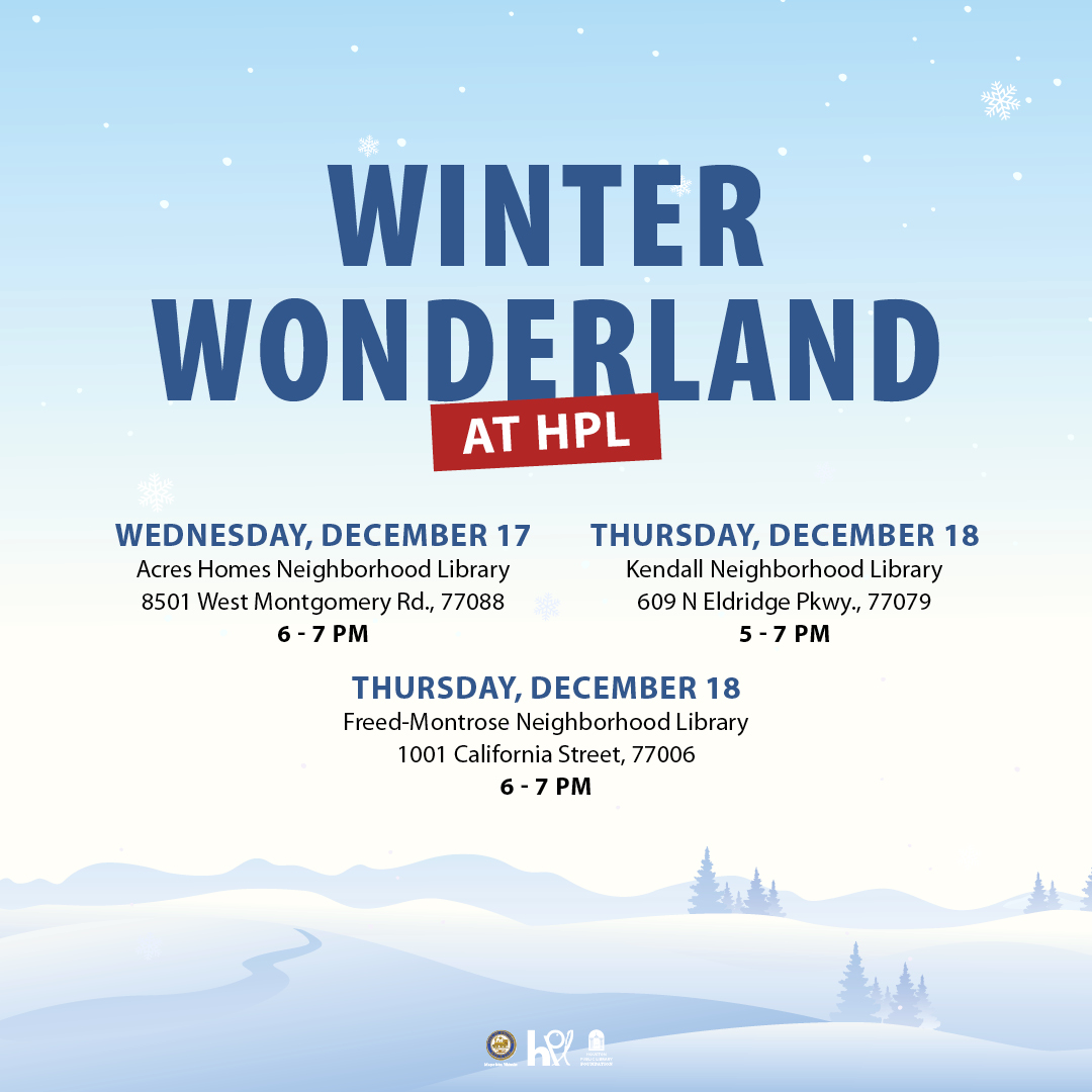 houstonlibrary's tweet image. Step into a Winter Wonderland and celebrate the season with festive fun for all ages! Join us for a magical holiday experience filled with joy, laughter, and heartwarming memories. Register here: ow.ly/mFCX50Xx2QV

#ILoveHPL #WinterWonderland #FreeEvent