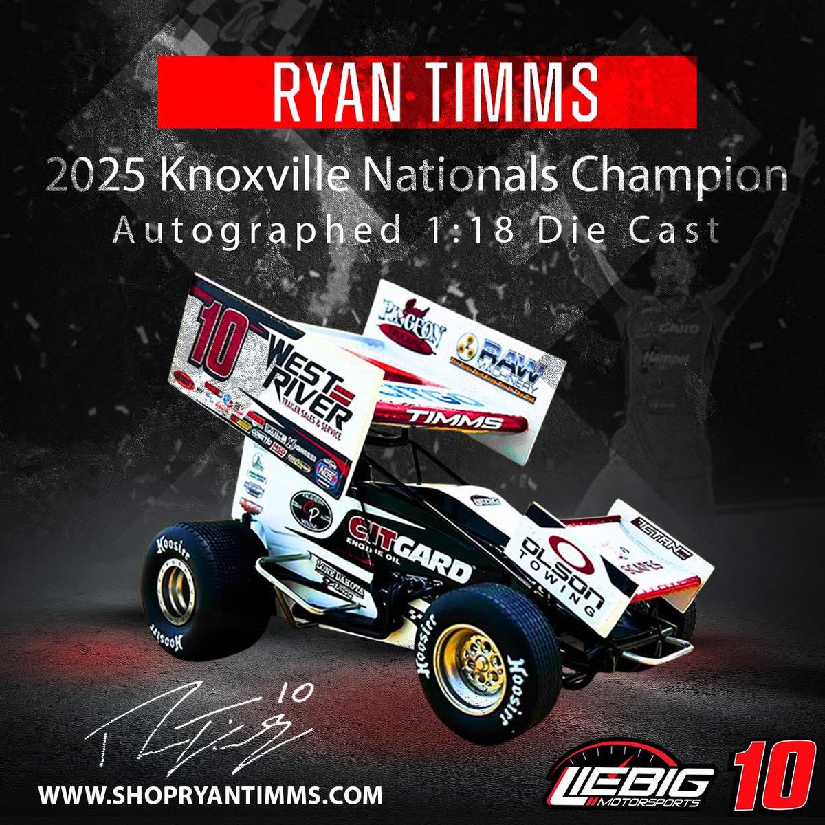 The Ryan Timms / Liebig Motorsports 2025 Knoxville Nationals Champion (autographed)
1:18 Diecast is now available for pre-order, capturing a historic Knoxville Nationals win. Pre-order now‼️

Estimated shipping: Early January. Limited quantity available. Lock yours in before