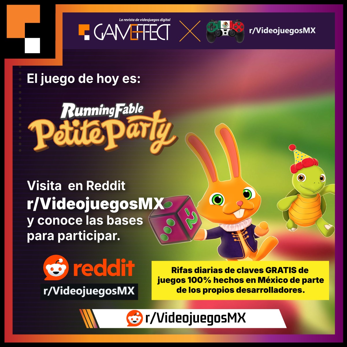 GameEffectMx's tweet photo. Game Effect X @Videojuegos_MEX
El día de hoy toca el juego Running Fable Petite Party de @Seashell_Studio. Juega con tus amigos en diferentes tableros y mini juegos. Pon a prueba tus habilidades ¡Y tu amistad!
Participa en el hilo.
#Gameeffectmx #Gamertlan #indiegame https://t.co/eIkjhkxgqU