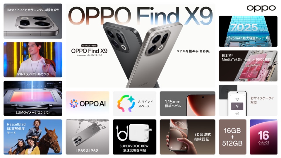 OPPOJapan's tweet image. リアルを極める、色彩美。 OPPO Find X9 本日発表！ 📸

Hasselbladの表現力に、 7,025mAhの超・大容量バッテリー。

そして…… 待望の「FeliCa（おサイフケータイ）」をついに搭載！ 💳✨

もう、妥協はいりません。 最強のフラッグシップ体験をあなたに。

✅ Hasselbladカメラシステム 
✅…