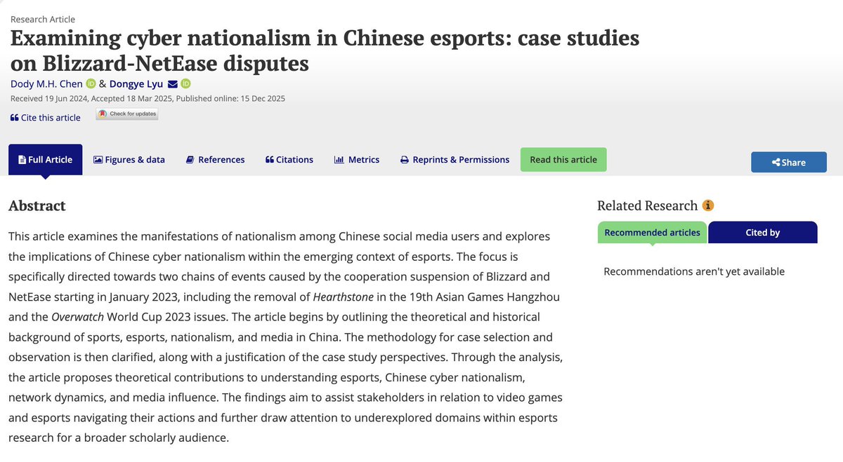 We are thrilled to announce that our three-year project on the Chinese cyber nationalism and Blizzard-NedEase disputes has finally been published in <a href="/sportinsociety/">Sport in Society</a>. 

📖 doi.org/10.1080/174304…

The focus to study Chinese is specifically directed towards two chains of events