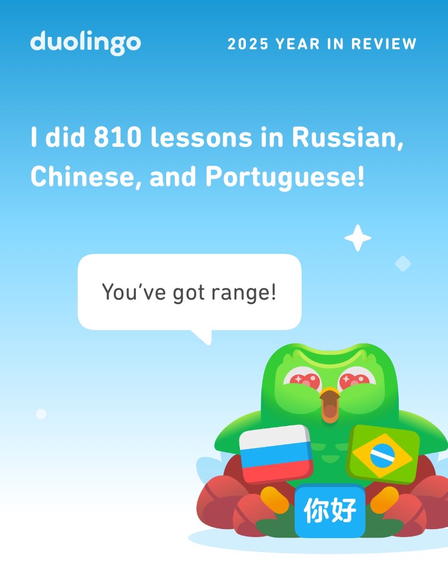 xavescave's tweet photo. Look how much I learned on Duolingo in 2025! How did you do? #Duolingo365 https://t.co/aSfalLi3zC