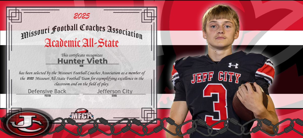 JayPrideFB's tweet image. Exciting News.  Hunter Vieth has been named to the @mofbca Academic All-State team.