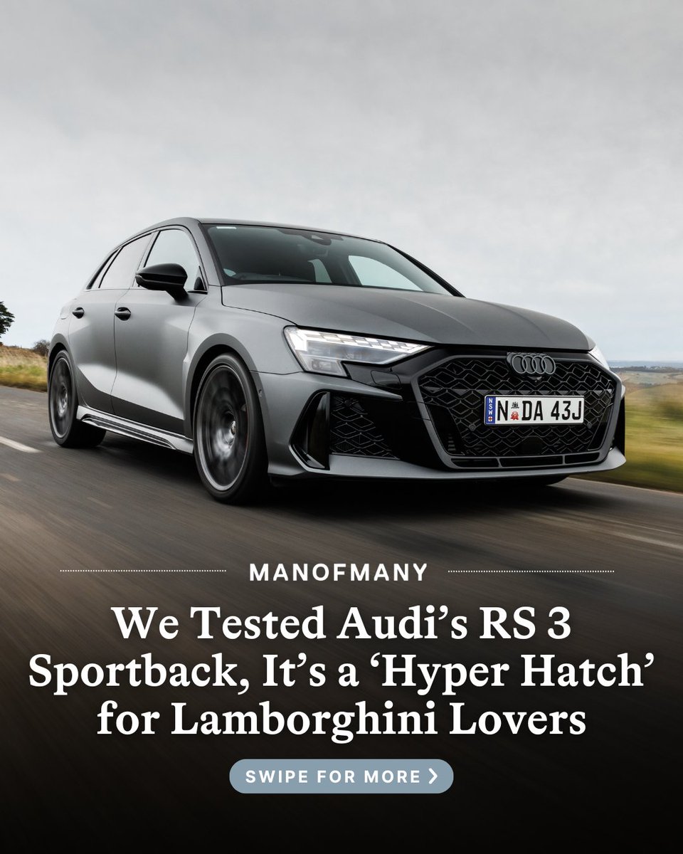 manofmany's tweet photo. Our full review finds the 2025 Audi RS 3 sharper in corners, still pricey inside. Euro 7 will retire the 2.5 TFSI by 2026, so this update may be its last. Worth the spend? @ben.mckimm weighs the pros and cons.
#manofmany #AudiRS3 #carreview #hothatch #fivesylinder
Images: @audiaustralia