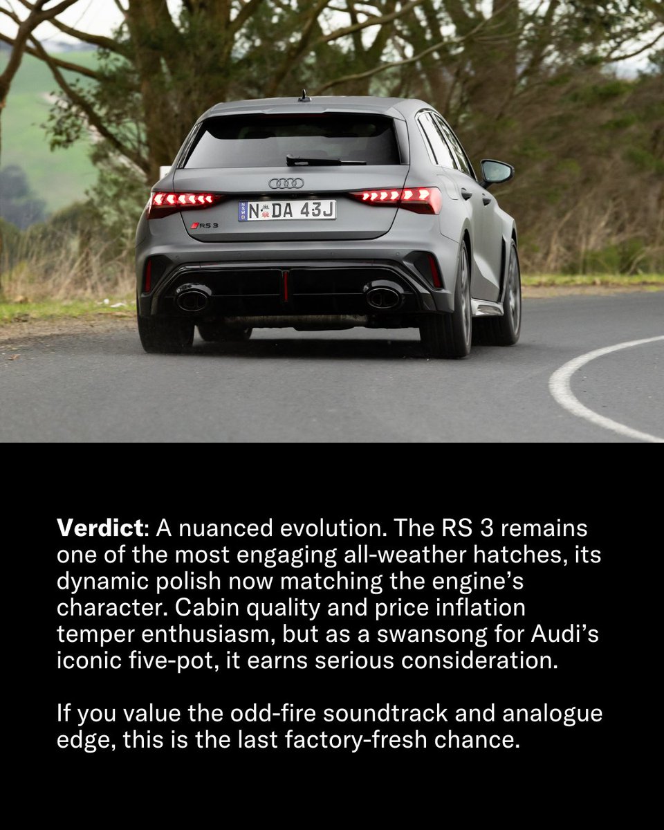 manofmany's tweet photo. Our full review finds the 2025 Audi RS 3 sharper in corners, still pricey inside. Euro 7 will retire the 2.5 TFSI by 2026, so this update may be its last. Worth the spend? @ben.mckimm weighs the pros and cons.
#manofmany #AudiRS3 #carreview #hothatch #fivesylinder
Images: @audiaustralia