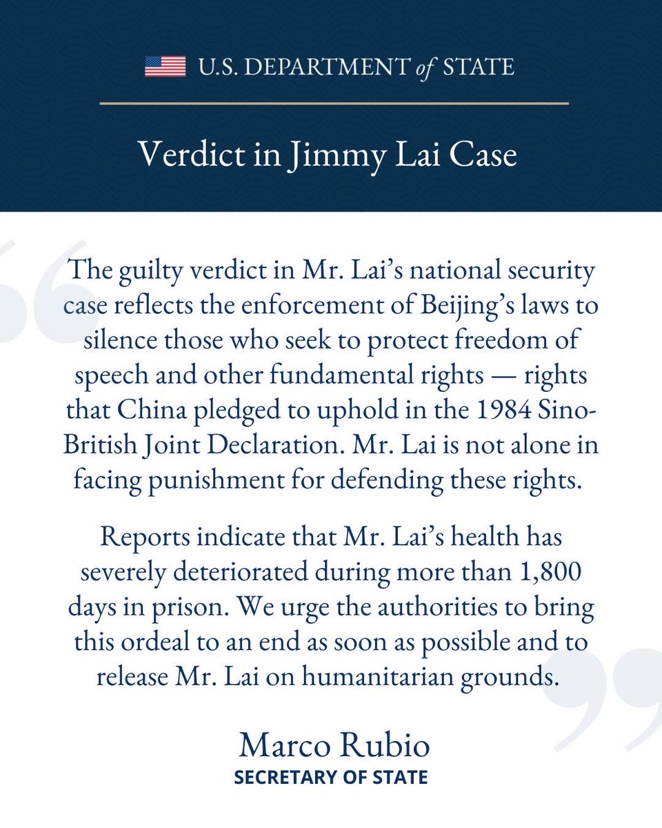 Statement by @secrubio on the verdict in Jimmy Lai Case: hk.usconsulate.gov/n-2025121501/