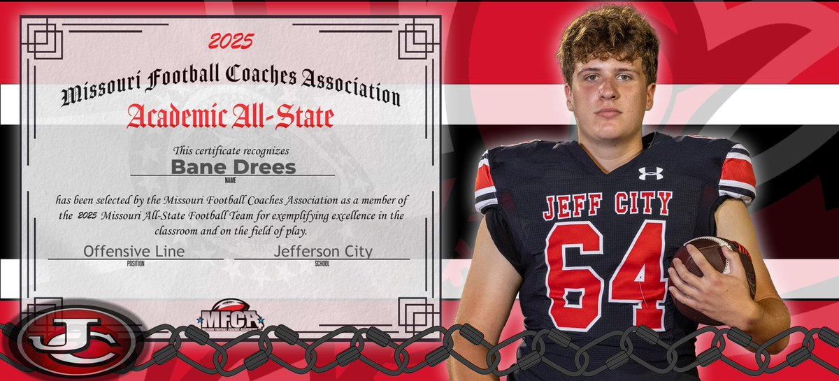 JayPrideFB's tweet image. Exciting News.  Bane Drees has been named to the @mofbca Academic All-State team.