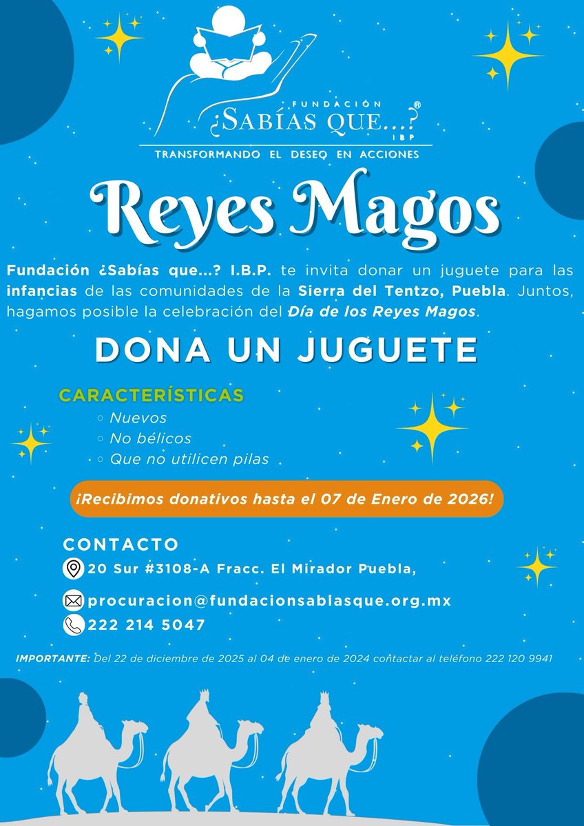 🎄 Ayúdanos a llevar una SONRISA a los infantes de la Sierra del Tentzo. ❤️

🗓️ La colecta estará abierta del 15 de Diciembre al 7 de Enero 2026.

Cada donación cuenta. Cada juguete es una sonrisa.

¡Sumate y forma parte de esta hermosa causa! ❤️

#yosoysabiasque