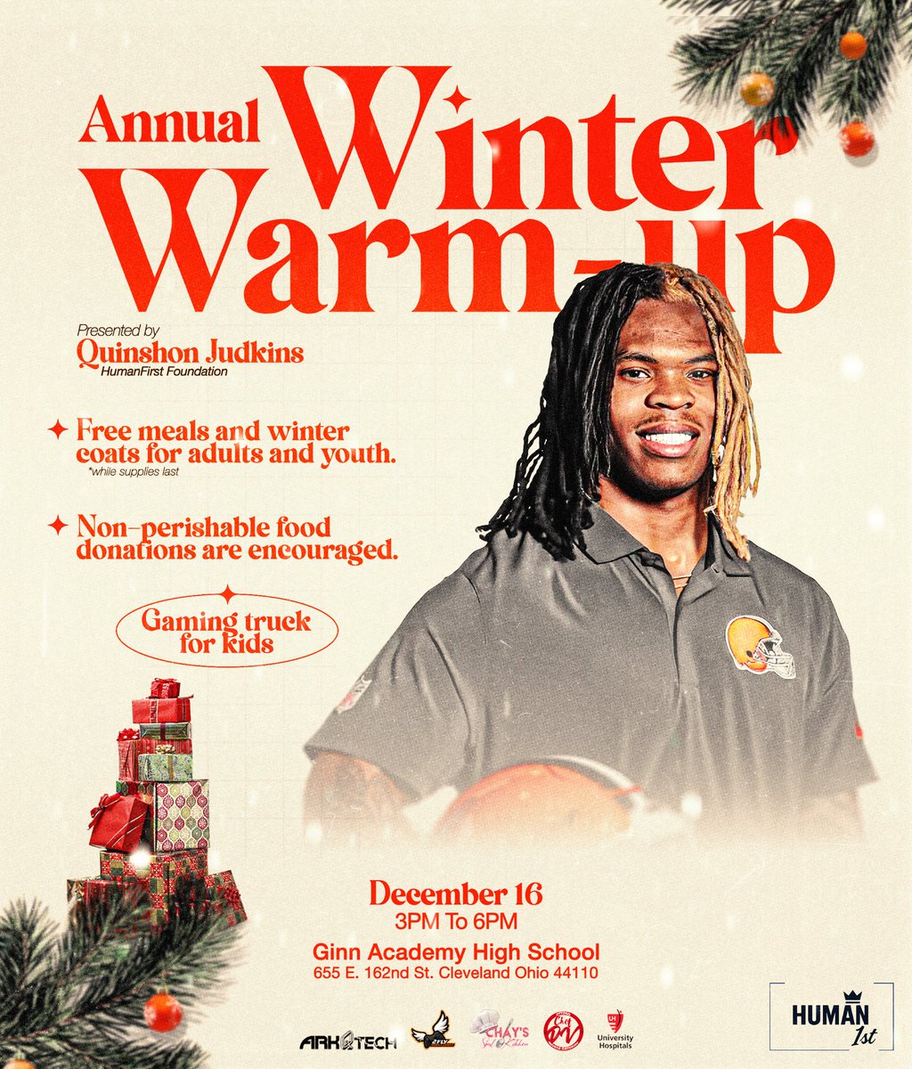 TevaJudkins's tweet photo. Stay warm Cleveland!! See you there🙂@Browns @quinshon_ @BrownsGiveBack #human1stfoundation #Judkins #human1st #givingbackcleveland #SpreadWarmth #LeadServeGrow #HolidayGiving #WinterWarmUp https://t.co/hPc5cxSt51