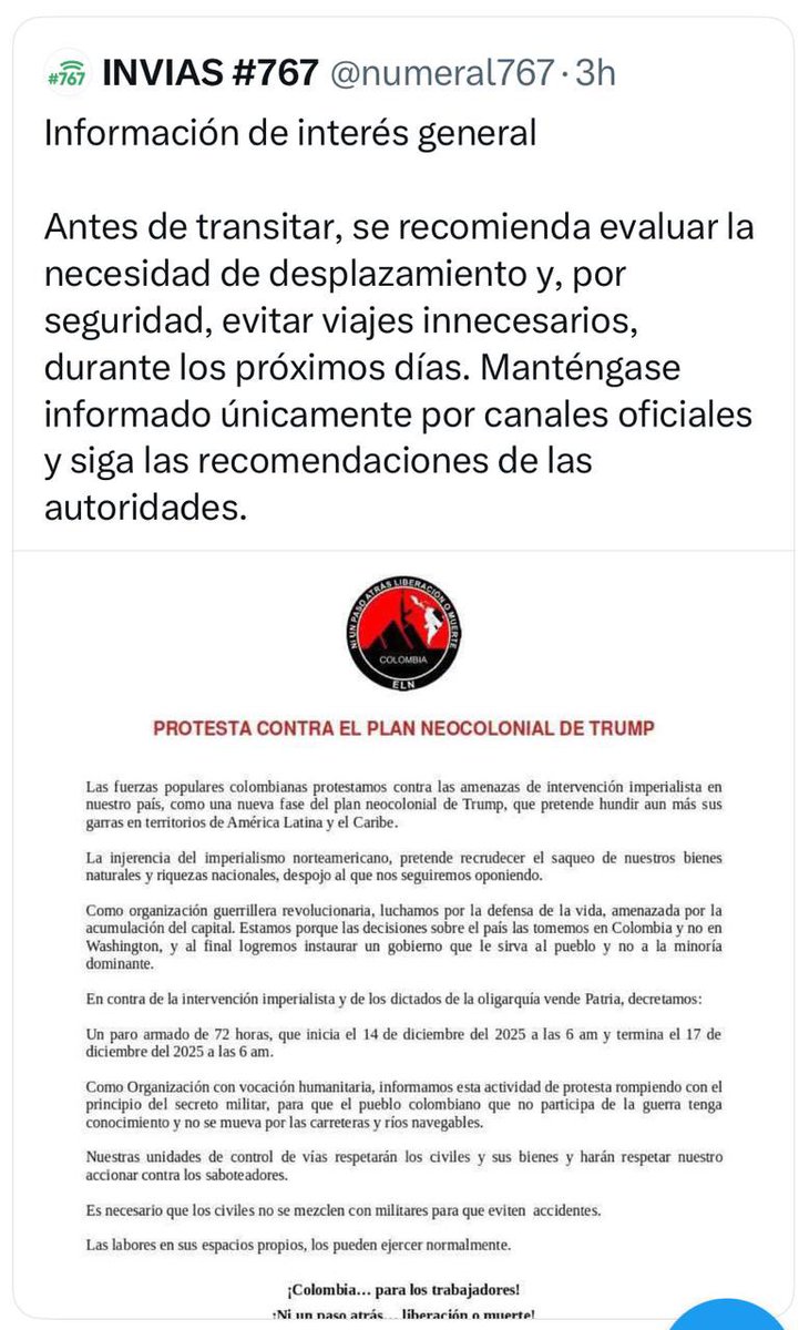 Como borraron el trino, aquí se los guardamos con esta reflexión: 

Esto es una vergüenza para el país y el estado de derecho: una entidad oficial de primer nivel nacional haciéndole eco a un comunicado terrorista del ELN en la cuenta de <a href="/numeral767/">INVIAS #767</a>, adscrita al INVIAS. 
El