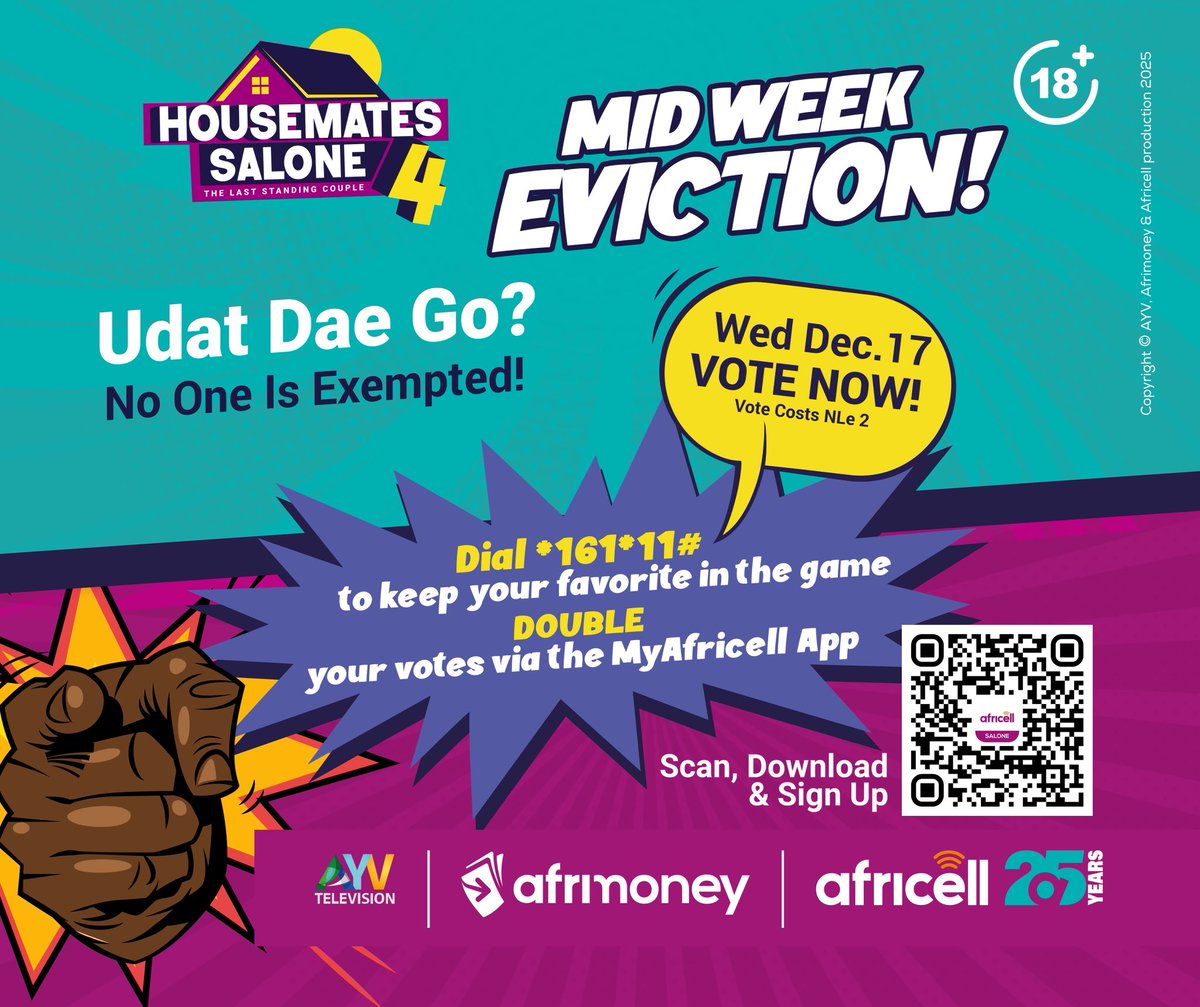 housematessl's tweet photo. This Wednesday is set to be special❗

Get ready for a Midweek Eviction that promises intrigue, tension, and drama⏳🎬.

Make sure your favorite Housemate stays in the game by voting with Afrimoney via the MyAfricell App 👉🏾 https://t.co/LjiSpJeFG5 to DOUBLE your votes https://t.co/pmlJY1XDn0