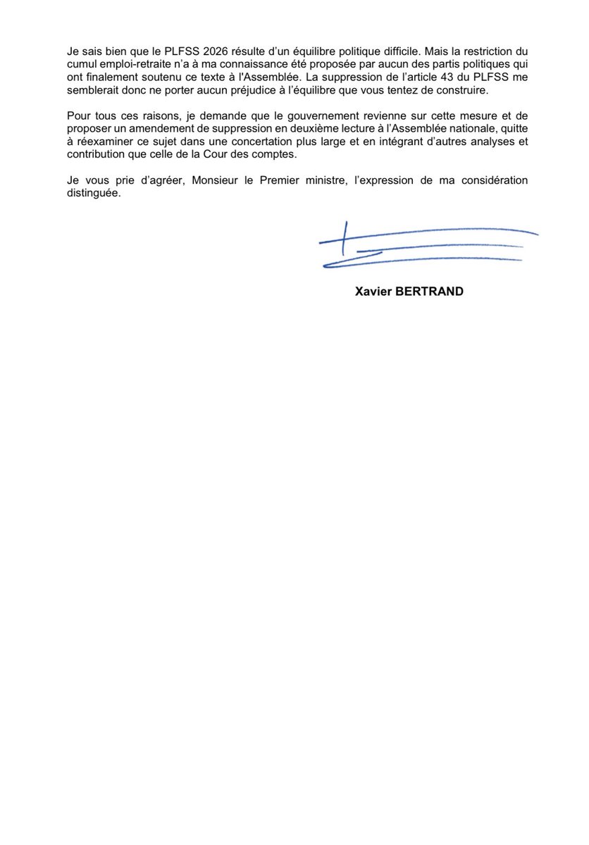 La restriction du cumul emploi - retraite prévue dans le PLFSS va pénaliser des centaines de milliers de personnes.

J’ai écrit au Premier Ministre <a href="/SebLecornu/">Sébastien Lecornu</a> pour lui demander de revenir sur cette mesure 👇