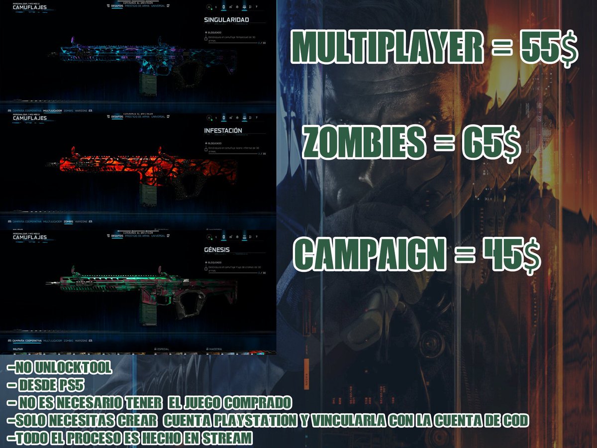 Se ofrece servicio de camuflajes, si alguien está interesado puede escribir al dm 👀
- NO BOT LOBBYS
- EN PS5
- TODO EL PROCESO QUEDA EN STREAM
- REFERENCIAS DESDE MWII (2022)