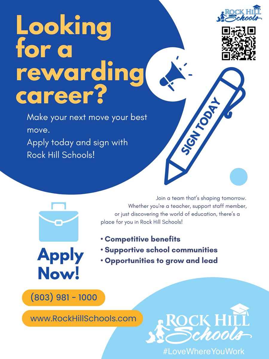 Looking for a rewarding career in education? Join us at the Rock Hill Schools Recruitment Fair.

Saturday, January 24
9 AM to 12 Noon
South Pointe High School

#LoveWhereYouWork #RockHillSchools #LearnLiveLove #EducationCareers #NowHiring