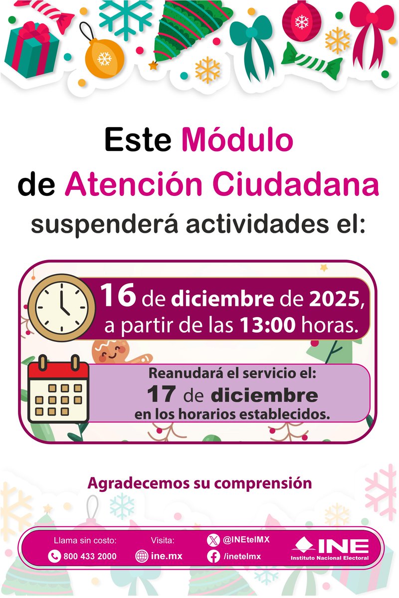 🚨Los Módulos de Atención Ciudadana de Pabellón de Arteaga, Calvillo y Jesús María, suspenderán actividades este martes 16 de diciembre, a partir de la 1pm, reanudando servicio al día siguiente en sus horarios habituales⏰, consúltalos en ubicatumodulo.ine.mx o al 449 915 4510