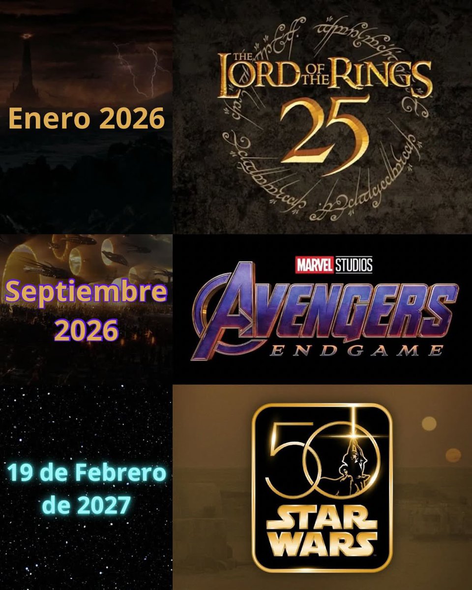 La trilogía de El Señor de los Anillos vuelve a los cines en enero de 2026. 

Marvel volverá a proyectar en cines Los Vengadores: Endgame en septiembre de 2026. 

Y van a lanzar una nueva versión remasterizada en cines de Una Nueva Esperanza el 19 de febrero de 2027. 

Los fans