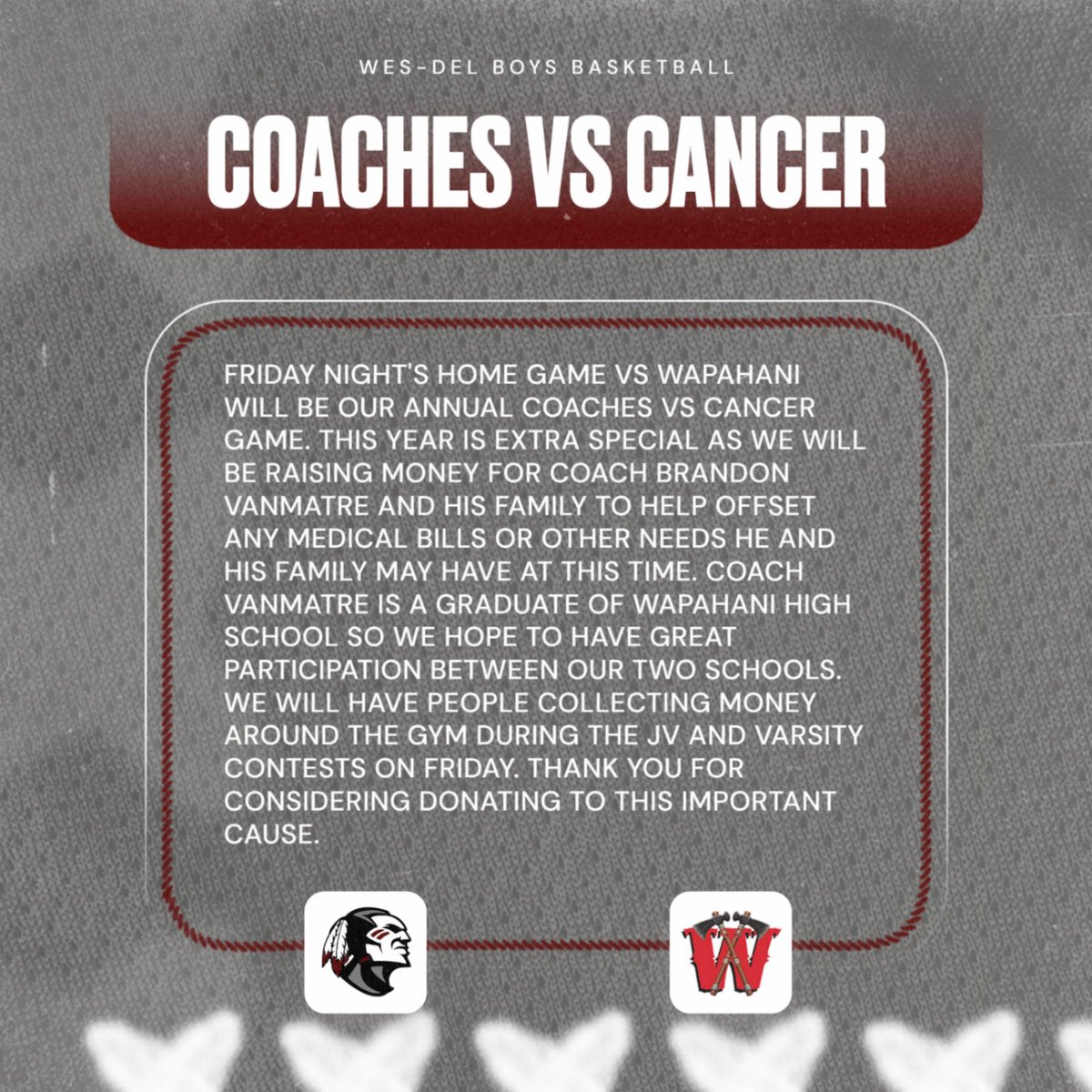 Friday night's contest against Wapahani is our Coaches vs Cancer game. Please take a moment to read the following graphic for more information and who we will be raising money for.

<a href="/wapathletics/">Wapahani Athletics</a> <a href="/WHSNETWORK/">WHS NETWORK</a> <a href="/LPSelma1/">Liberty-Perry Community Schools</a>  

#ALLFORVANMATRE