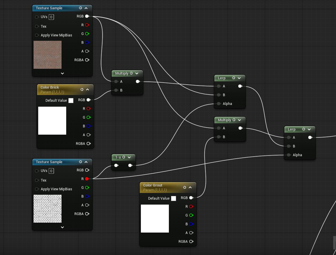 GameLevelDesign's tweet image. In UE5 Material Editor: 2 setups you could use for adjusting parts of texture such as color.

However 2nd option (img 3-4) is best, you get default texture without any adjustments as start.

Img 1-2 setup w/Lerps ONLY make color changes right away.

Both work but 3-4 is best.