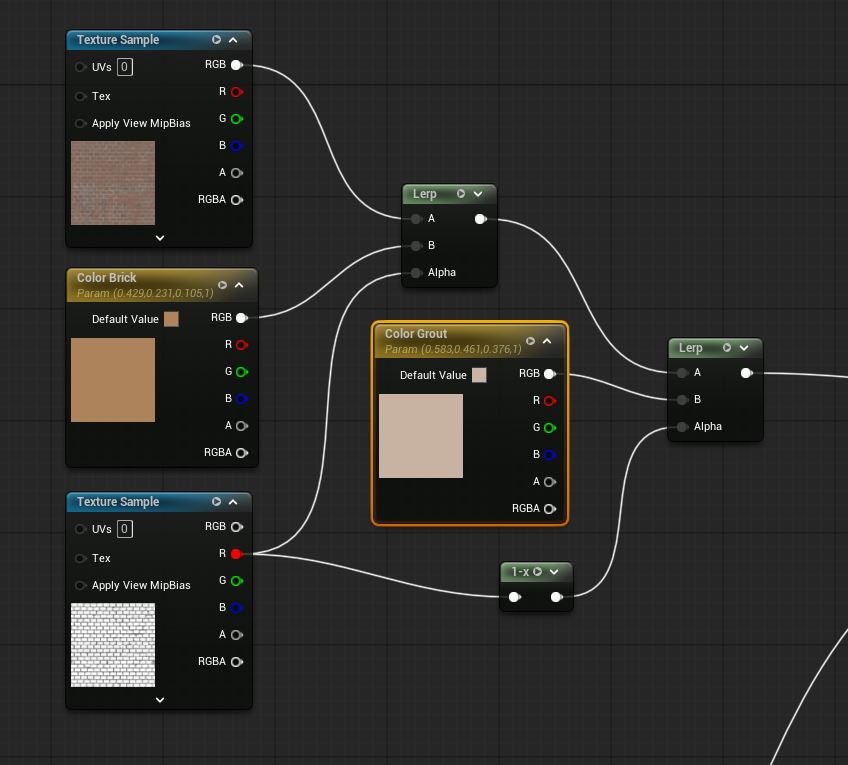 GameLevelDesign's tweet image. In UE5 Material Editor: 2 setups you could use for adjusting parts of texture such as color.

However 2nd option (img 3-4) is best, you get default texture without any adjustments as start.

Img 1-2 setup w/Lerps ONLY make color changes right away.

Both work but 3-4 is best.