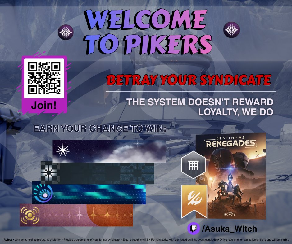 🩸 Betray your syndicate 🩸
Bring your points to our squad and earn your chance to win:

🏆 1 Renegades DLC 
🎖 Emblem of your choice

⏳ Raffle execution: December 20th
Choose your side or be forgotten.

(RULES ON COMENTS)⬇️

#ootr #Destiny2 #D2Creator