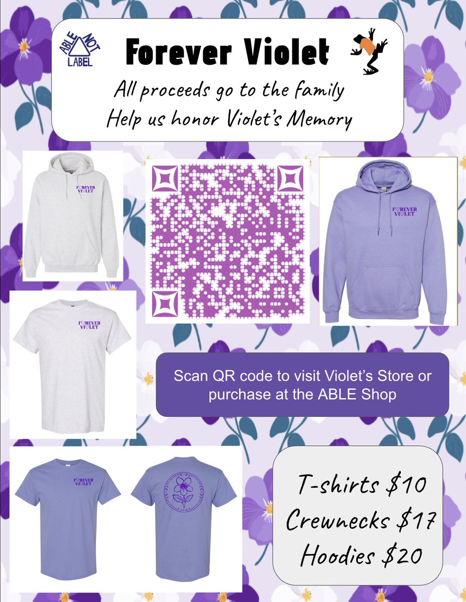 AbleNotLabel's tweet image. 💜 In loving memory of Violet 💜
Gone too soon, never forgotten. Her light and kindness touched so many.

Forever Violet apparel was created to honor her and support her family. All proceeds go directly to Violet’s family.
Thank you for the love and support. 💜