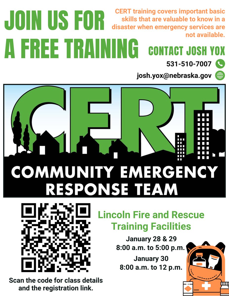 NEMAtweets's tweet photo. 🚨CERT Training🚨
Jan 28–30, 2026 | Lincoln

Learn disaster preparedness, medical ops, fire safety &amp; search and rescue.
📍Lincoln Fire &amp; Rescue Training Facilities
💲FREE | All 3 days required

🔗Register: https://t.co/qUfyXhvaN1
📧Josh Yox: josh.yox@nebraska.gov https://t.co/C4gx5N9fzi