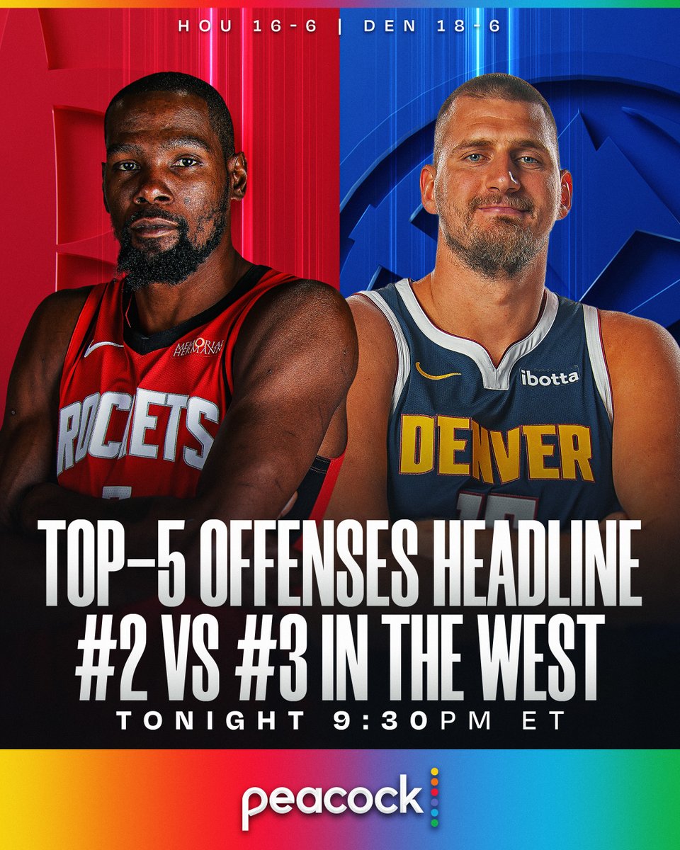 Durant. Sengun.
Jokić. Murray.
A star-studded West showdown in Denver.
Two top-5 offenses collide tonight as the #2 Nuggets go for a 5th straight win against the #3 Rockets at 9:30pm/et on Peacock! 🍿