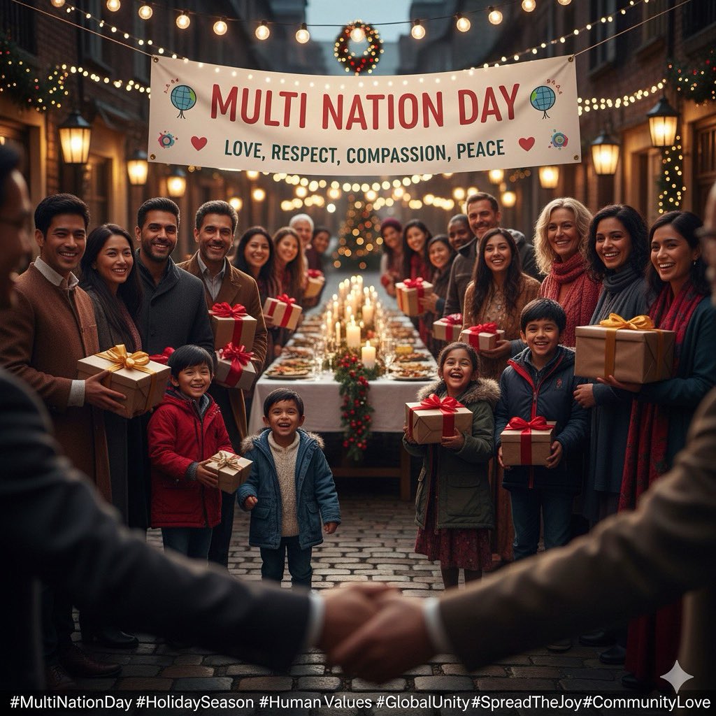 MULTINATIONDAY's tweet photo. 🌎 Holiday Season is Here! 🌟

As the beautiful holiday season officially begins, we want to take a moment to celebrate what truly matters: human connection, shared happiness, and universal values.
Multi Nation Day is a celebration rooted in the belief that we are all united by our humanity, no matter where we come from or what we believe.
This year, let’s make an extra effort to share the spirit of the season:
 * 🤝 Congratulate and connect with your families, friends, and neighbors.
 * 💖 Share happiness, care, and kindness generously.
 * ✨ Embrace the beauty of our differences for we are stronger together.
Our backgrounds and beliefs may vary, but the concept of Multi Nation Day is based on core human values, love, respect, compassion, and peace that resonate with all people across the globe.
Let’s use this time to build bridges, celebrate our diversity, and uplift one another.
#multinationday #community #holidays #holiday #loveyou #loveit #lovely #human #unity #value #diversity #newyear #christmas #happiness #happynewyear #day #dayoff #dayout #weekend #weekendvibes #mama #papá #family #familytime #familyfirst #celebrations #son #daughter #boy #girls