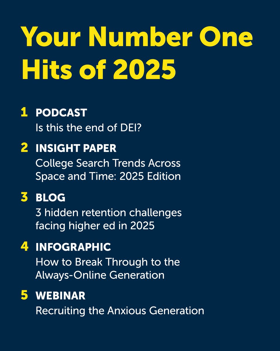 EAB's tweet image. 2025 pushed every campus to rethink how it tells its story.

So we pulled together the resources #highered leaders came back to again and again this year. From #enrollment strategy to brand confidence, AI readiness to student success, here’s what shaped your conversations in