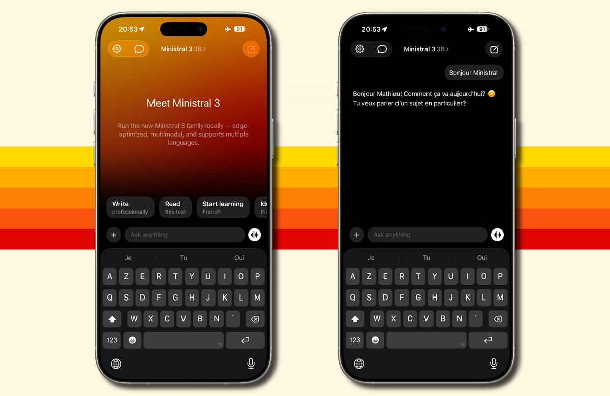 Une IA française parmi les meilleures de sa catégorie, qui tourne désormais sur iPhone, sans Internet, grâce à l'app française de référence optimisée pour le MLX d'Apple : j'ai nommé <a href="/MistralAI/">Mistral AI</a> x <a href="/LocallyAIApp/">Locally AI - Local AI Chat</a> !

Je suis joie ce soir 😍🥖