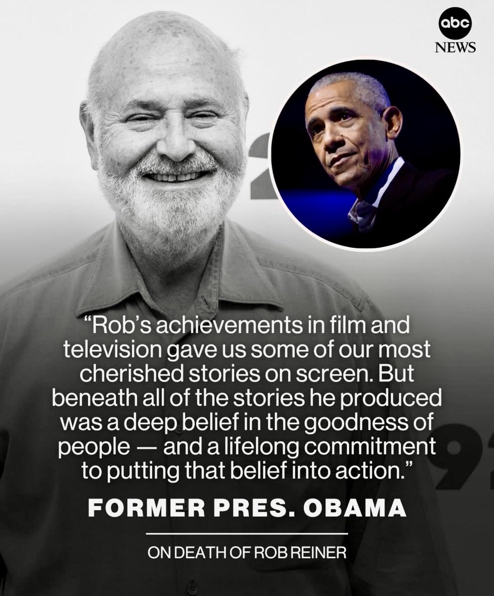 Former President Obama has paid tribute to Rob Reiner, after the director and his wife, Michele Singer, were found dead in their Los Angeles home on Sunday, according to a statement from their family | 
Read more:  abcnews.visitlink.me/pbX_W6