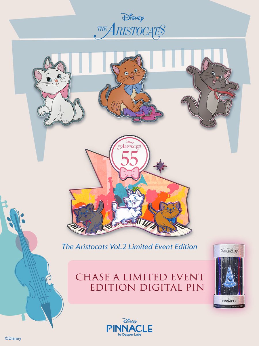DisneyPinnacle's tweet image. Calling all cat lovers! 😺

The Pawsitively Purrfect Event begins tomorrow with digital pins inspired by some of your favorite feline friends in Disney’s The Aristocats Vol.1. 🐾

Collect Marie, Berlioz, and Toulouse digital pins and chase the Limited Event Edition digital pin…